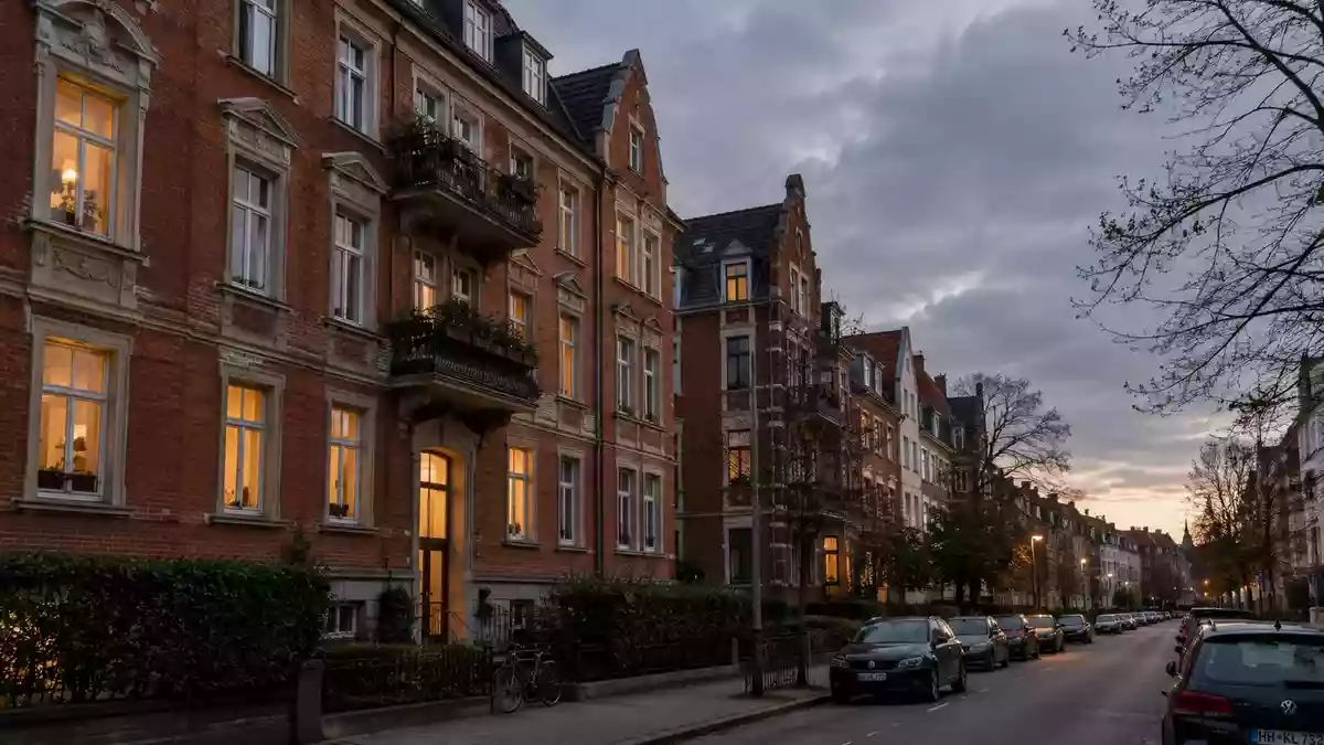 Wohngebäude in einer deutschen Stadt bei Dämmerung mit beleuchteten Fenstern und klassischer Fassade. Illustration mit AI erstellt.