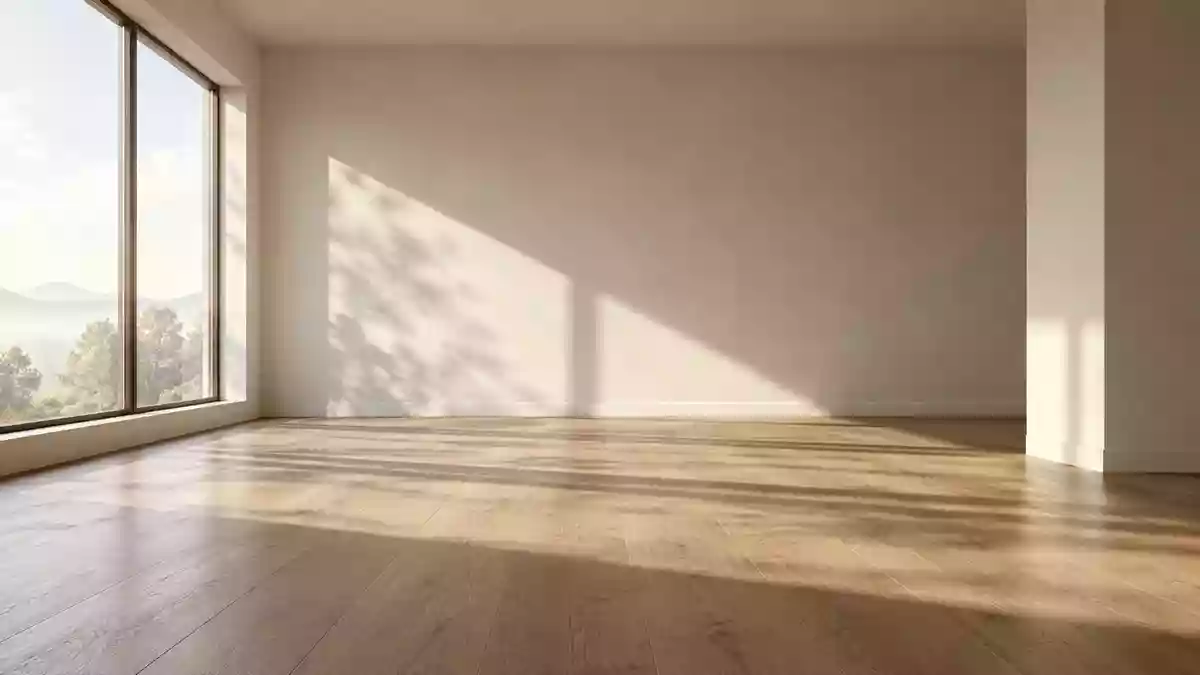 Ein minimalistischer, lichtdurchfluteter Raum mit sanften Schatten auf einem Holzboden, der Ruhe und Ausgeglichenheit ausstrahlt. Illustration mit AI erstellt.