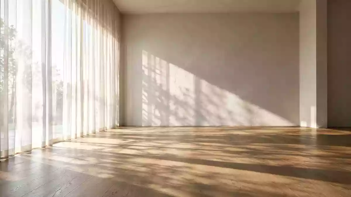 Minimalistischer Innenraum mit sanftem Tageslicht und architektonischen Schattenstrukturen auf einer hellen Wand. Illustration mit AI erstellt.