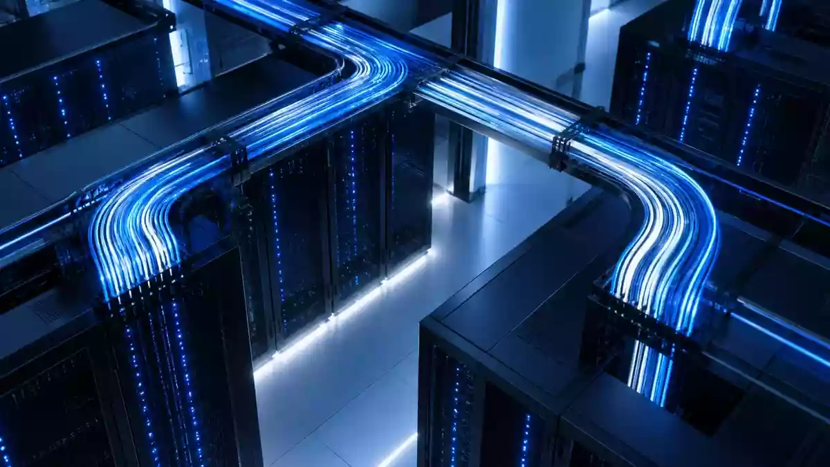 Abstrakte Darstellung einer modernen Serverumgebung mit leuchtenden Glasfaserkabeln und technischer Infrastruktur. Illustration mit AI erstellt.