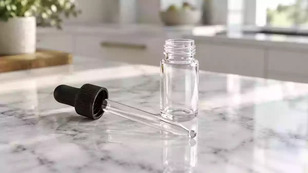 Ein leeres Glasfläschchen mit Pipette auf einer hellen Marmoroberfläche bei natürlichem Licht. Illustration mit AI erstellt.