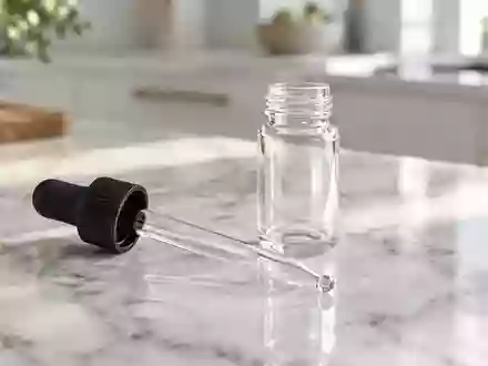 Ein leeres Glasfläschchen mit Pipette auf einer hellen Marmoroberfläche bei natürlichem Licht. - Foto: über boerse-global.de