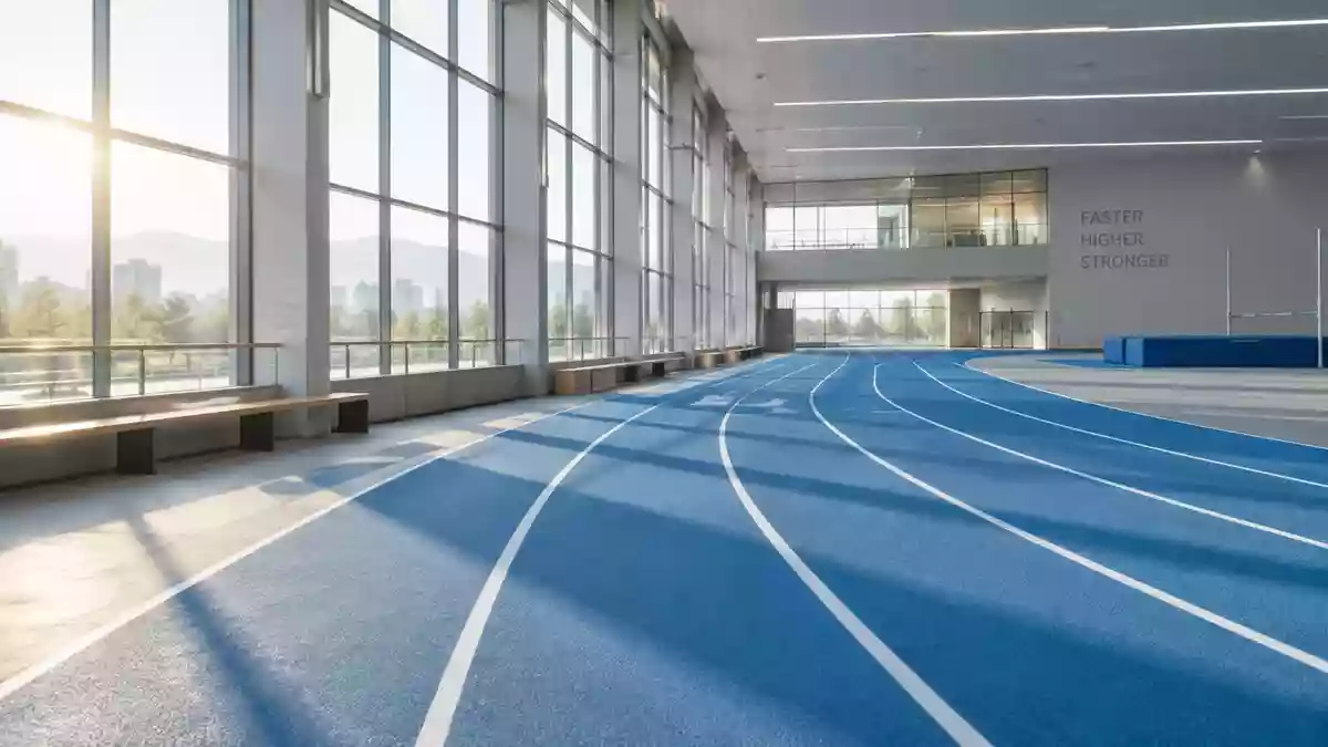 Eine leere, helle Laufbahn in einer modernen Sporthalle mit natürlichem Lichteinfall. Illustration mit AI erstellt.