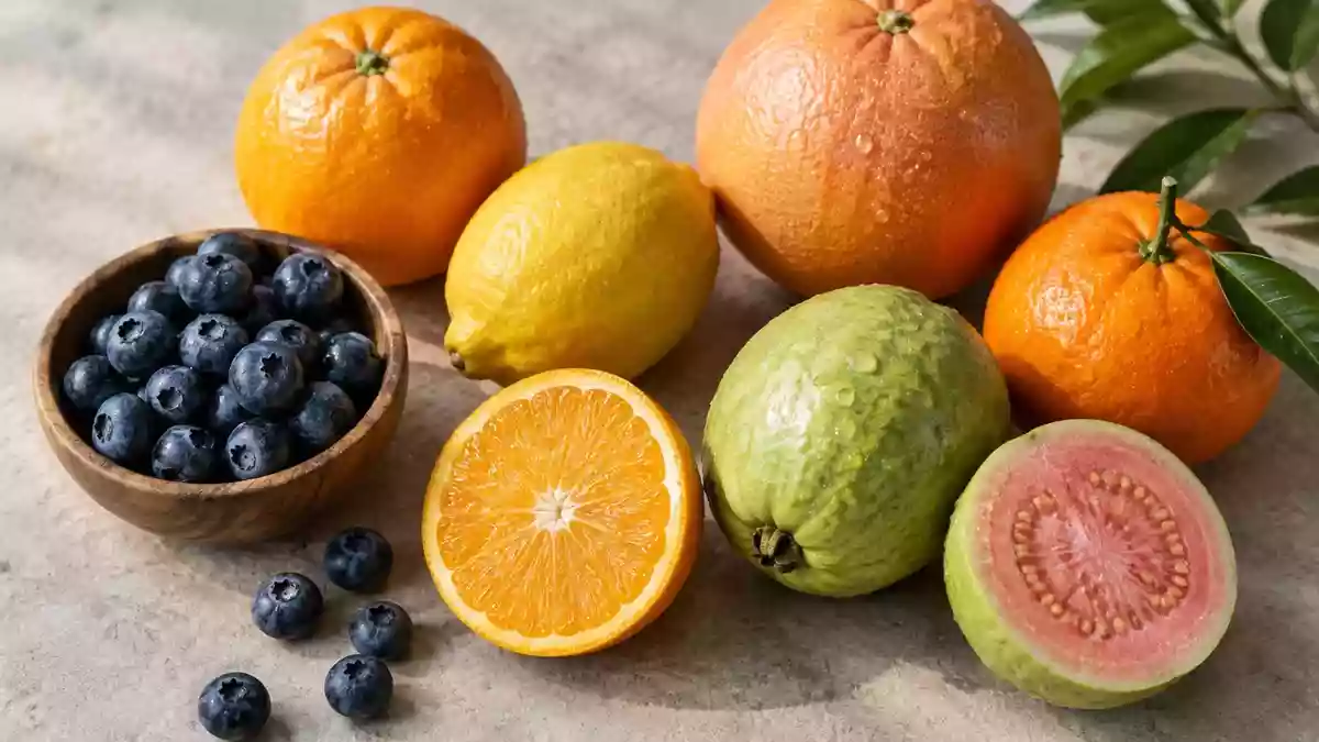 Frische Beeren, Zitrusfrüchte und eine Guave auf einem rustikalen Holztisch bei natürlichem Licht. Illustration mit AI erstellt.
