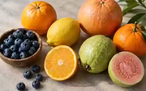 Frische Beeren, Zitrusfrüchte und eine Guave auf einem rustikalen Holztisch bei natürlichem Licht. - Foto: über boerse-global.de