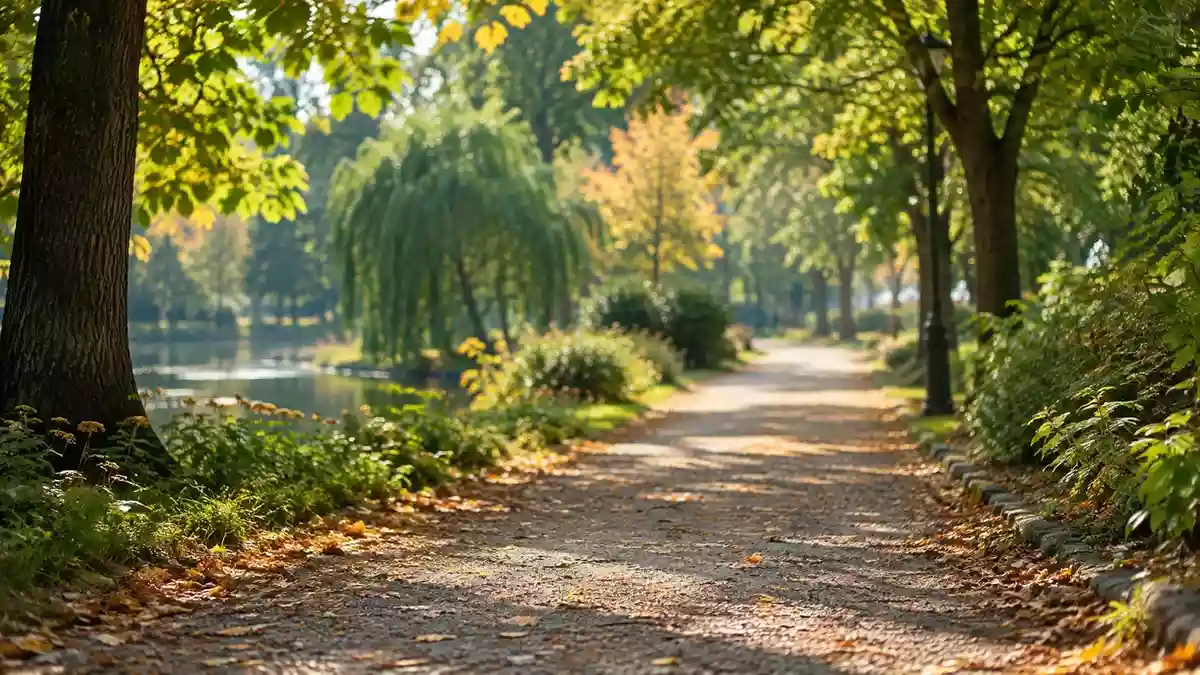 Ein sonniger, leerer Gehweg in einem ruhigen Park mit herbstlichen Bäumen und einem Kiesweg. Illustration mit AI erstellt.