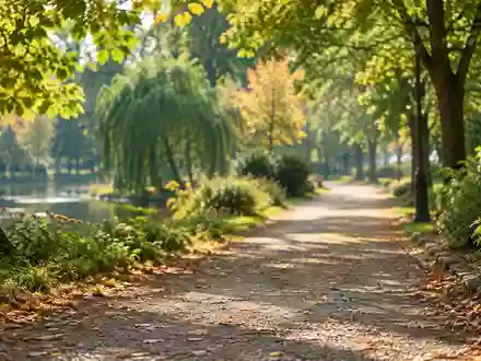 Ein sonniger, leerer Gehweg in einem ruhigen Park mit herbstlichen Bäumen und einem Kiesweg. - Foto: über boerse-global.de