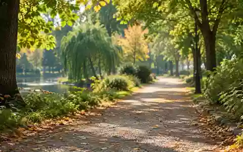 Ein sonniger, leerer Gehweg in einem ruhigen Park mit herbstlichen Bäumen und einem Kiesweg. - Foto: über boerse-global.de