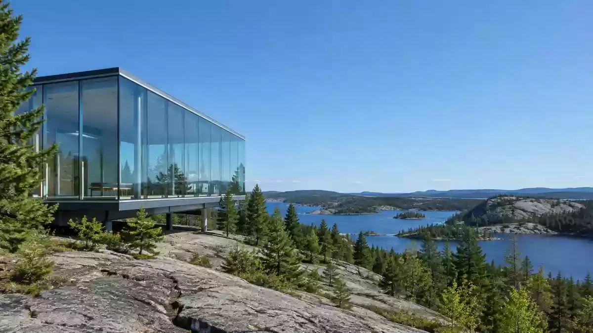 Moderne Glas- und Stahlarchitektur vor einer weiten kanadischen Wald- und Felslandschaft. Illustration mit AI erstellt.