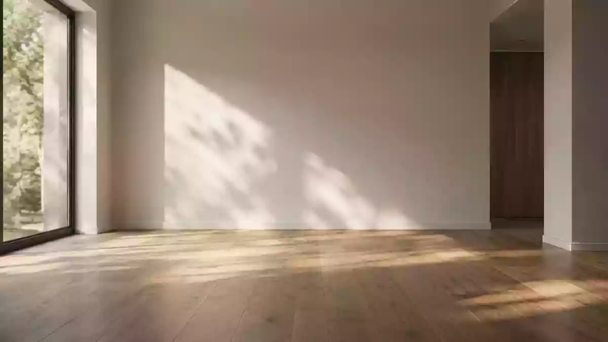 Ein minimalistischer, heller Wohnraum mit Holzboden und neutraler Wandgestaltung in natürlichem Licht. Illustration mit AI erstellt.