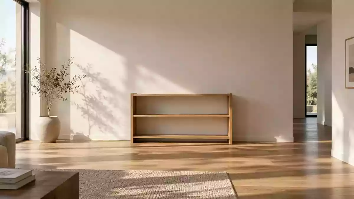 Ein minimalistisch eingerichteter, heller Wohnraum mit einem leeren Regal an einer schlichten Wand. Illustration mit AI erstellt.