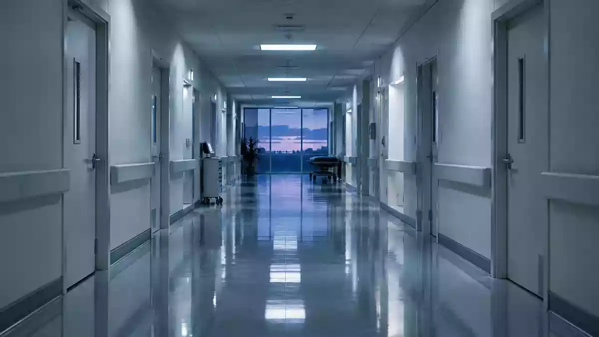 Ein leerer, steriler Krankenhausflur mit glänzendem Boden und geschlossenen Türen bei Dämmerlicht. Illustration mit AI erstellt.