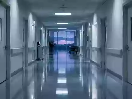 Ein leerer, steriler Krankenhausflur mit glänzendem Boden und geschlossenen Türen bei Dämmerlicht. - Foto: über boerse-global.de