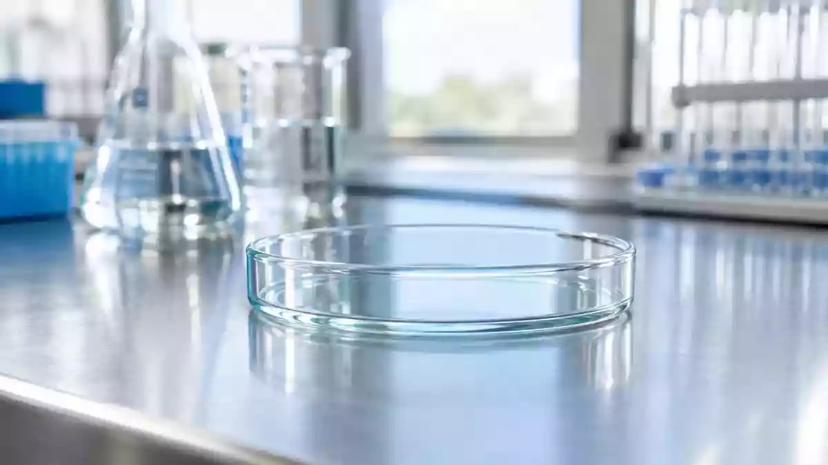 Ein steriler Labortisch mit einer leeren Petrischale und Glasgeräten im Hintergrund, die medizinische Forschung symbolisiert. Illustration mit AI erstellt.