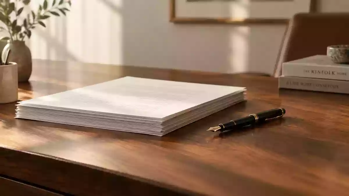 Ein minimalistischer Schreibtisch aus Holz mit einem Stapel weißer Dokumente und einem Füllfederhalter bei natürlichem Licht. Illustration mit AI erstellt.