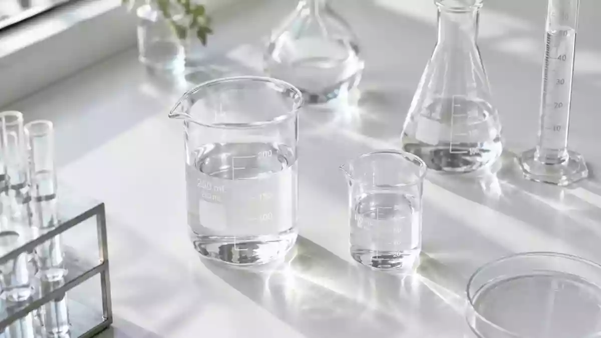 Laborumgebung mit Glasbechern und wissenschaftlichen Geräten auf einer sauberen, weißen Oberfläche. Illustration mit AI erstellt.