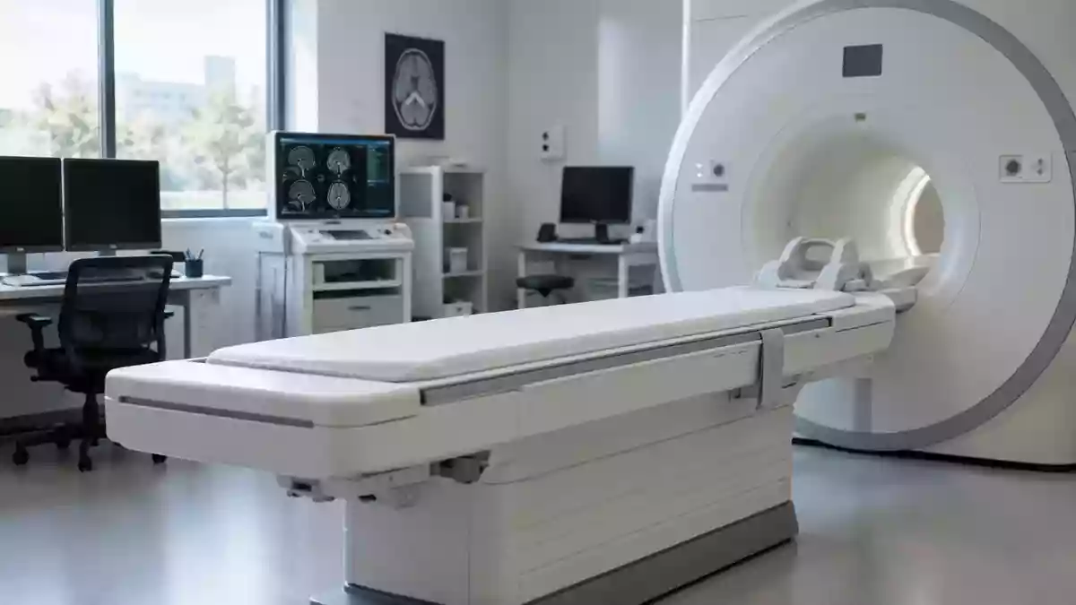 Ein minimalistischer, heller medizinischer Untersuchungsraum in einer neurologischen Klinik. Illustration mit AI erstellt.