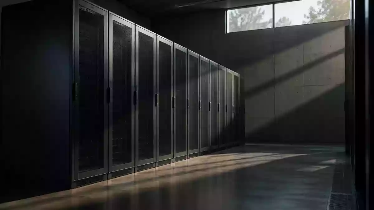 Dunkle, unbeleuchtete Server-Racks in einem modernen, minimalistischen Rechenzentrum. Illustration mit AI erstellt.
