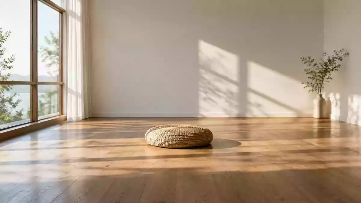 Ein minimalistischer, ruhiger Raum mit einem einzelnen Meditationskissen auf einem Holzboden und einfallendem Sonnenlicht. Illustration mit AI erstellt.