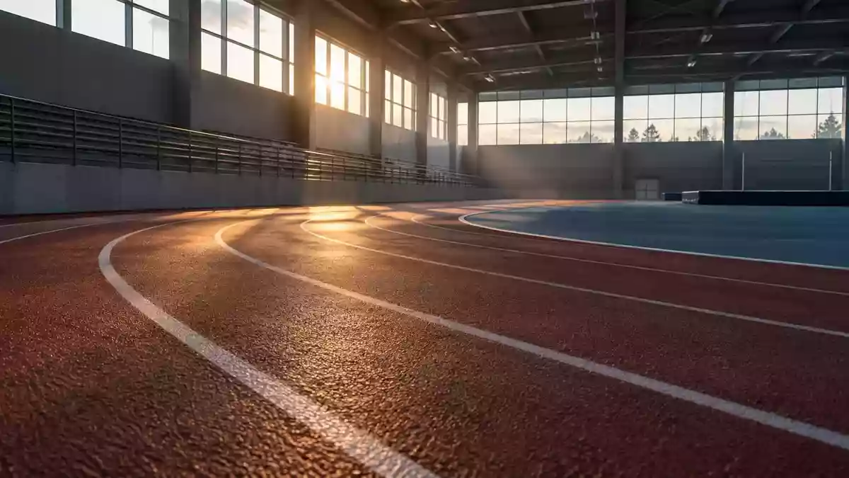 Eine leere, modern gestaltete Leichtathletikbahn in sanftem Tageslicht, die Fokus auf die Textur der Sportanlage legt. Illustration mit AI erstellt.