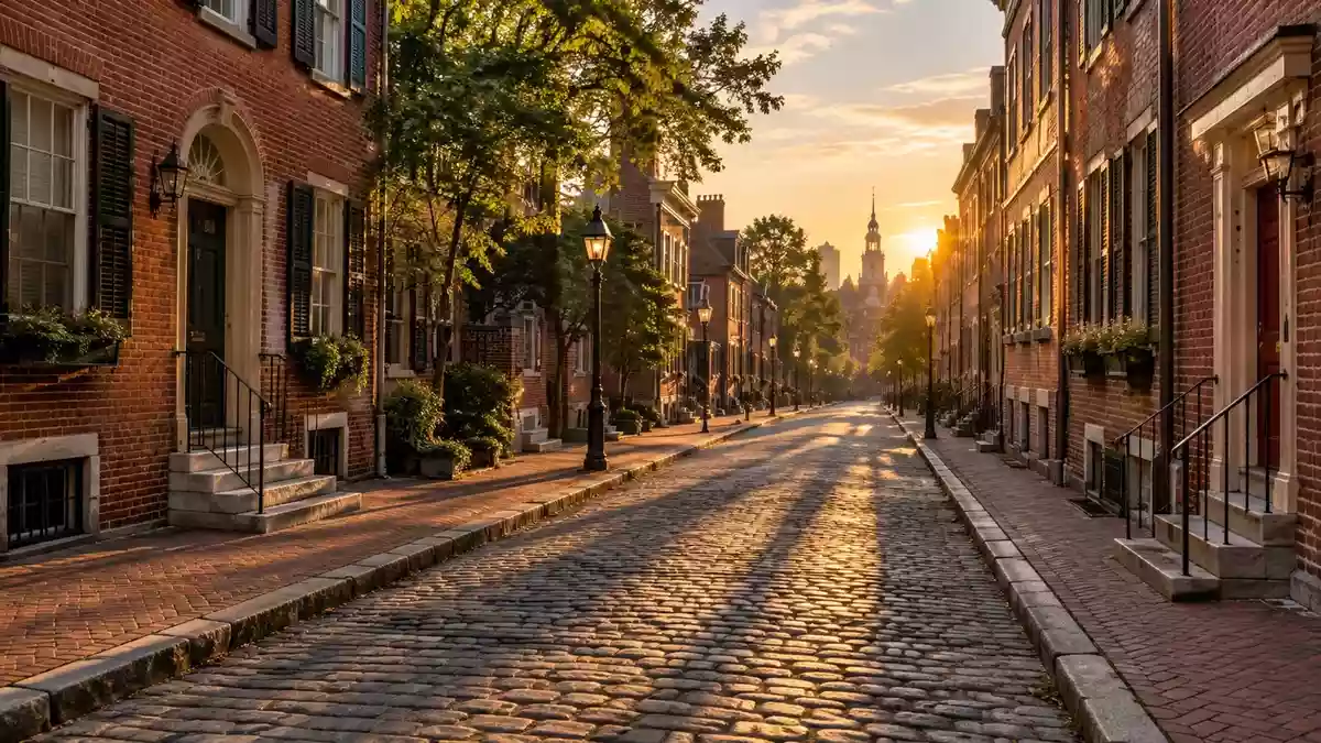 Eine ruhige, historische Straße mit Backsteinhäusern in Philadelphia während der goldenen Stunde. Illustration mit AI erstellt.