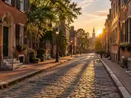 Eine ruhige, historische Straße mit Backsteinhäusern in Philadelphia während der goldenen Stunde. - Foto: über boerse-global.de