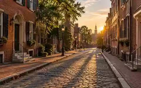 Eine ruhige, historische Straße mit Backsteinhäusern in Philadelphia während der goldenen Stunde. - Foto: über boerse-global.de