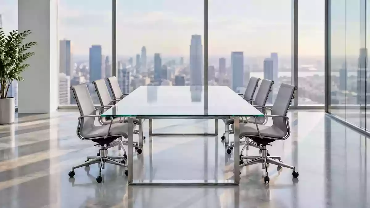 Ein heller, leerer Konferenzraum in einem modernen Bürogebäude mit großen Fenstern und Blick auf eine Stadtkulisse. Illustration mit AI erstellt.