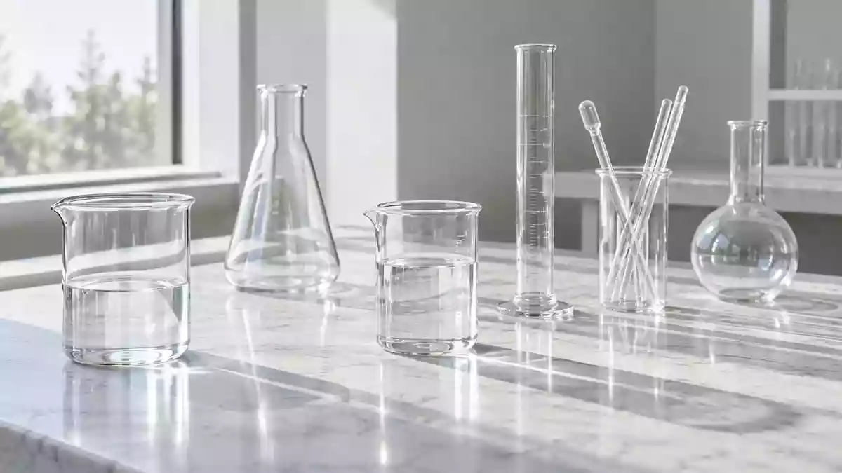 Laborumgebung mit Glasbechern und wissenschaftlichen Geräten auf einer weißen Fläche bei natürlichem Lichteinfall. Illustration mit AI erstellt.