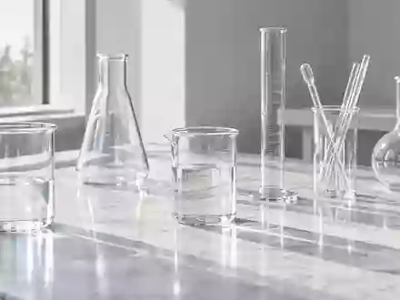Laborumgebung mit Glasbechern und wissenschaftlichen Geräten auf einer weißen Fläche bei natürlichem Lichteinfall. - Foto: über boerse-global.de