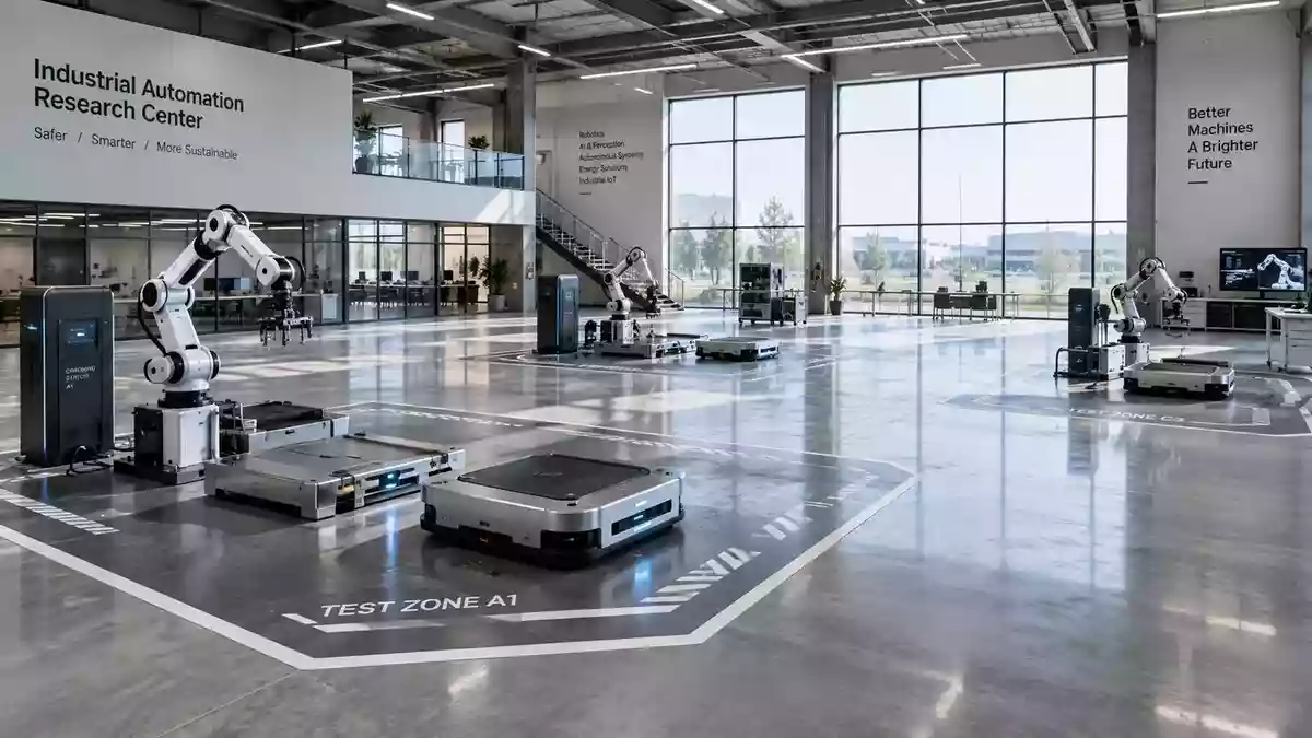 Ein weitläufiges, modernes Robotik-Forschungszentrum mit polierten Industrieböden und modularen Teststationen. Illustration mit AI erstellt.