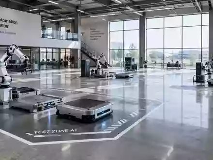 Ein weitläufiges, modernes Robotik-Forschungszentrum mit polierten Industrieböden und modularen Teststationen. - Foto: über boerse-global.de