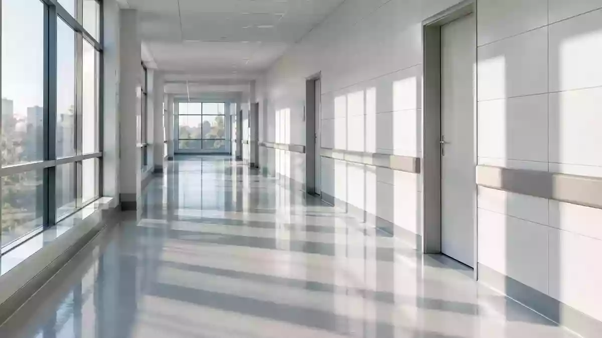 Ein leerer, modern gestalteter Krankenhausflur mit hellen Fliesen und natürlichem Lichteinfall. Illustration mit AI erstellt.