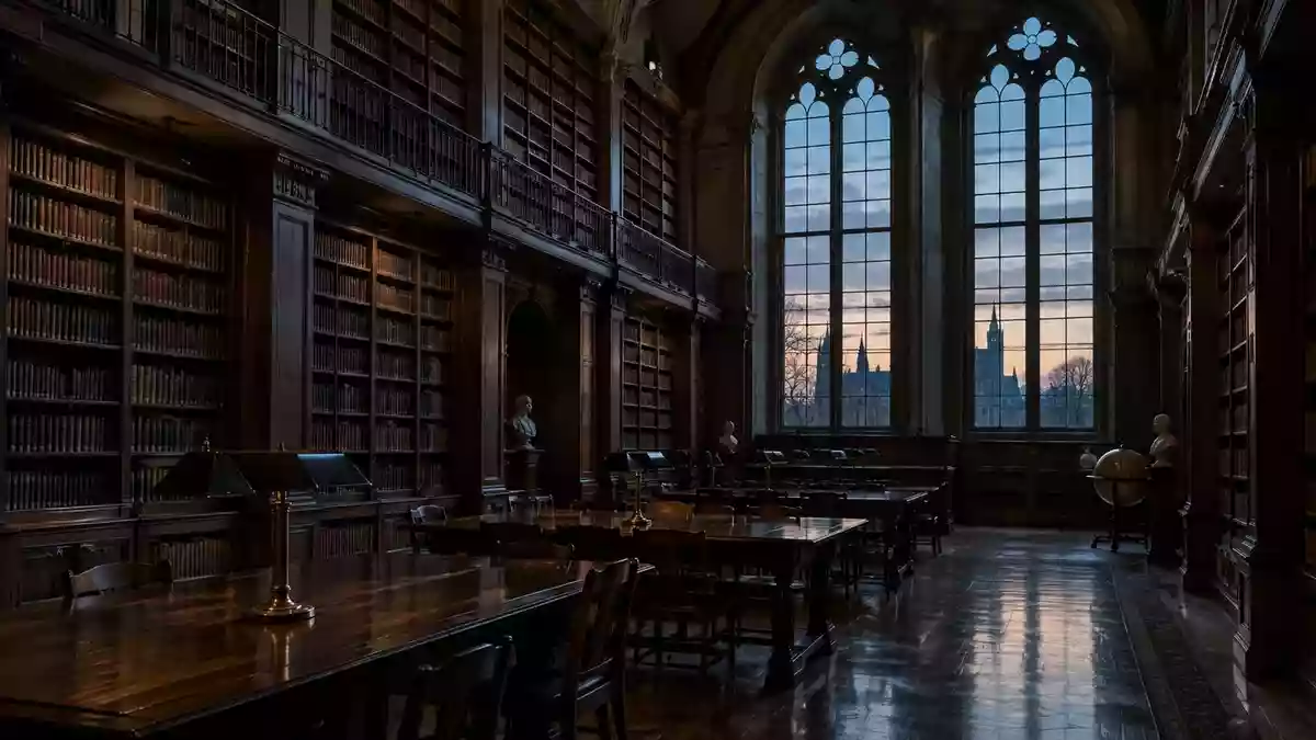 Ein ruhiger, stimmungsvoller Bibliotheksraum mit hohen Fenstern und sanftem Dämmerlicht. Illustration mit AI erstellt.