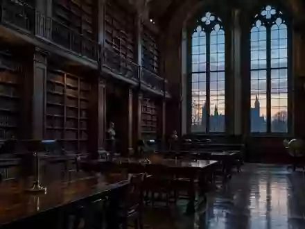 Ein ruhiger, stimmungsvoller Bibliotheksraum mit hohen Fenstern und sanftem Dämmerlicht. - Foto: über boerse-global.de