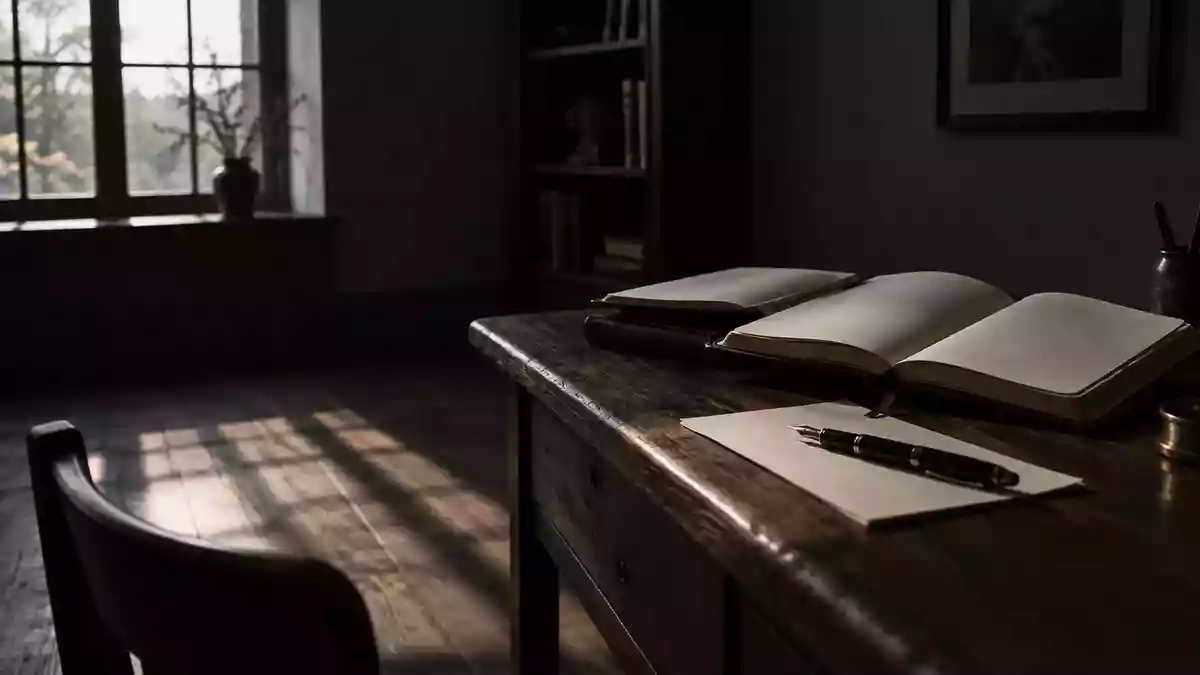 Ein ruhiger Schreibtisch mit leeren Notizbüchern und einem Füllfederhalter in einem sanft beleuchteten Raum. Illustration mit AI erstellt.