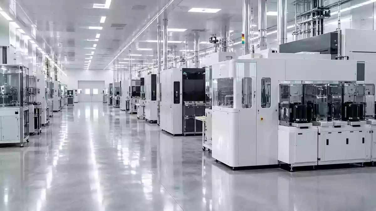 Ein steriler Hochtechnologie-Produktionsraum mit moderner Industriemaschinerie und präziser Fertigungstechnik. Illustration mit AI erstellt.
