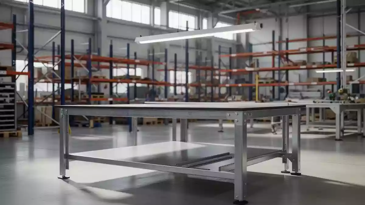 Ein aufgeräumter, sauberer industrieller Arbeitsbereich in einer Werkstatt mit einer leeren Werkbank und Metallregalen. Illustration mit AI erstellt.