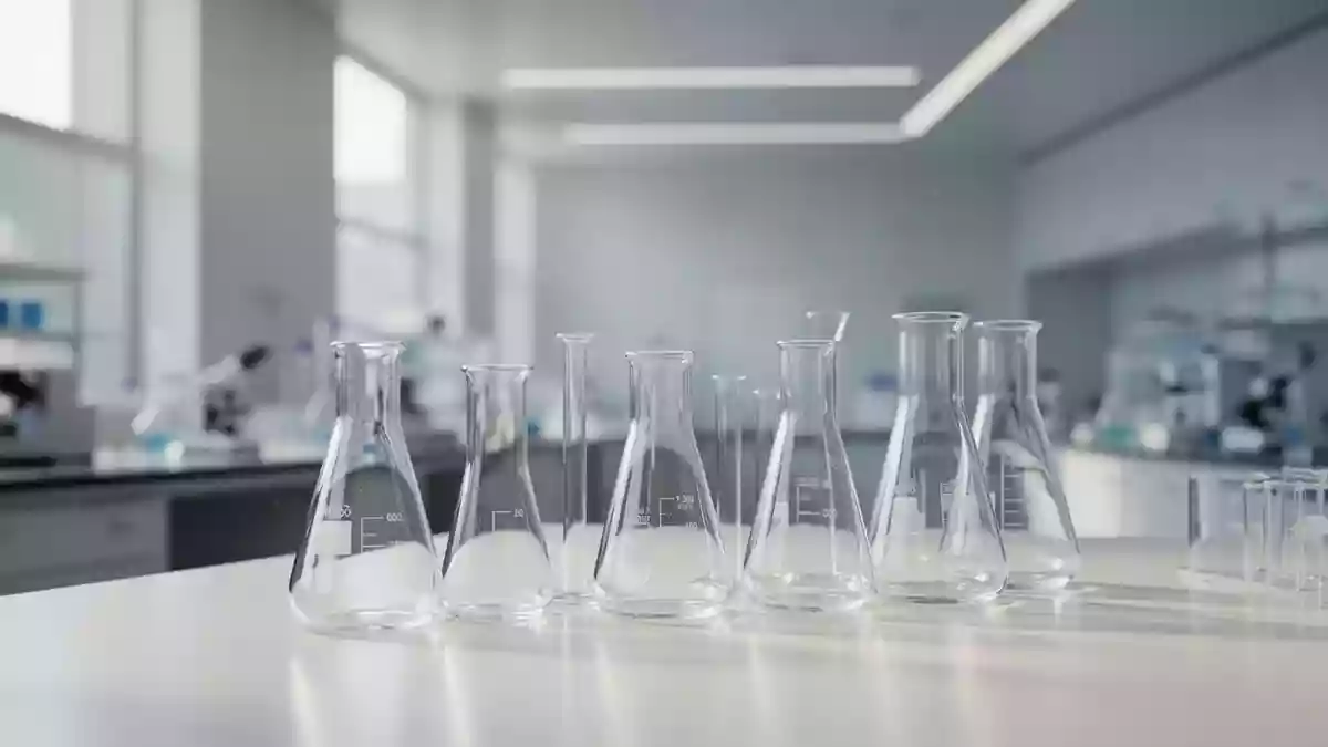 Helle, minimalistische Laborumgebung mit leeren Glasgefäßen und neutralem Hintergrund zur Visualisierung von Arzneimittelsicherheit. Illustration mit AI erstellt.