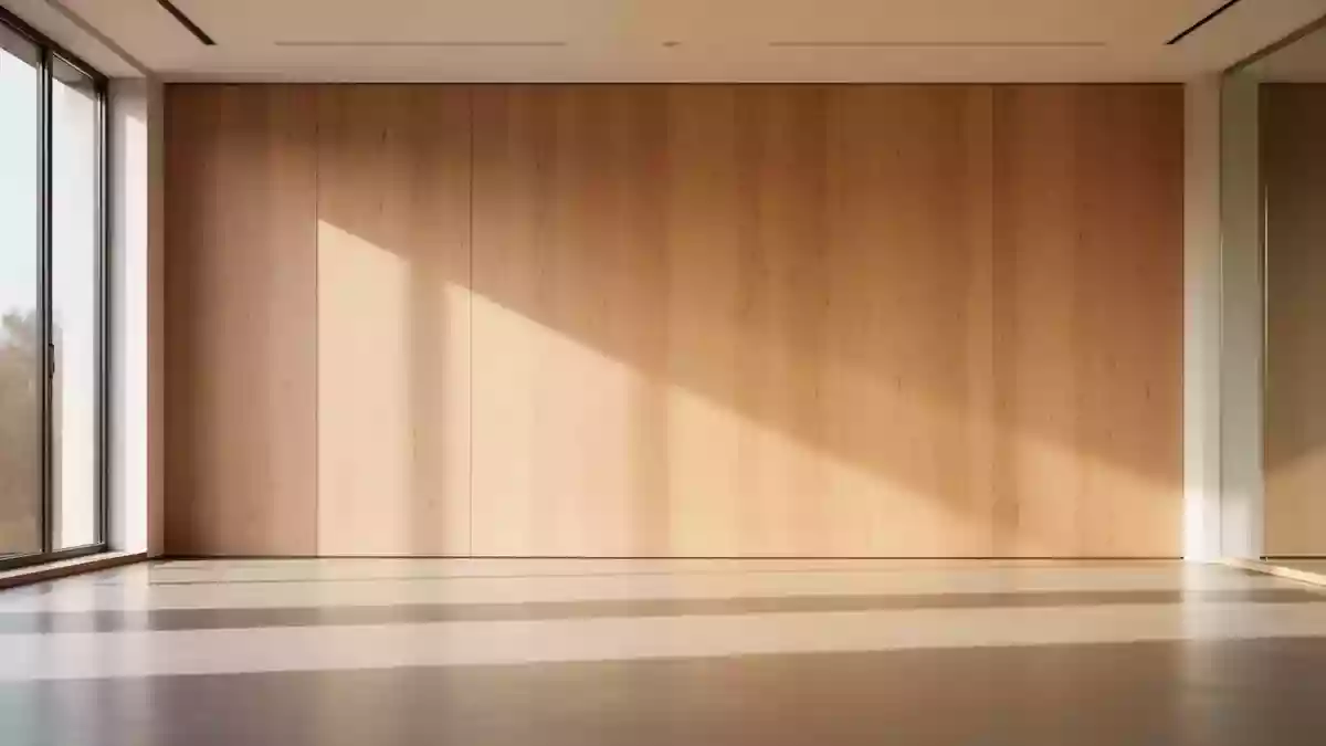 Ein minimalistischer, leerer Übungsraum mit einer schlichten Holzwand und hellem Tageslicht. Illustration mit AI erstellt.
