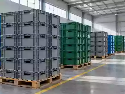 Leere Mehrwegbehälter auf Paletten in einem aufgeräumten Logistiklager bei Tageslicht. - Foto: über boerse-global.de