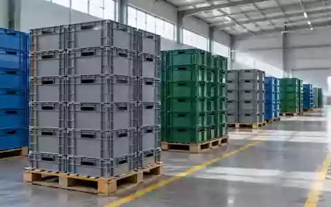 Leere Mehrwegbehälter auf Paletten in einem aufgeräumten Logistiklager bei Tageslicht. - Foto: über boerse-global.de
