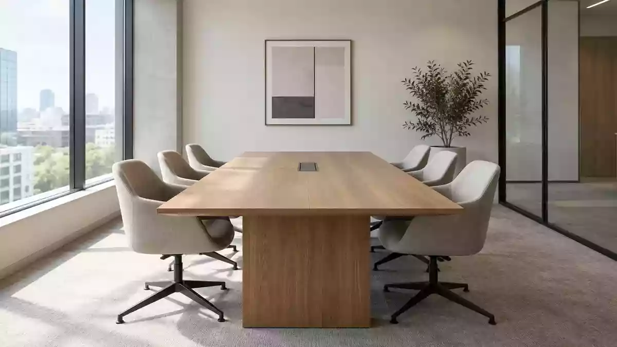 Ein heller, leerer Besprechungsraum in einem modernen Büro mit einem Holztisch und Stühlen bei Tageslicht. Illustration mit AI erstellt.