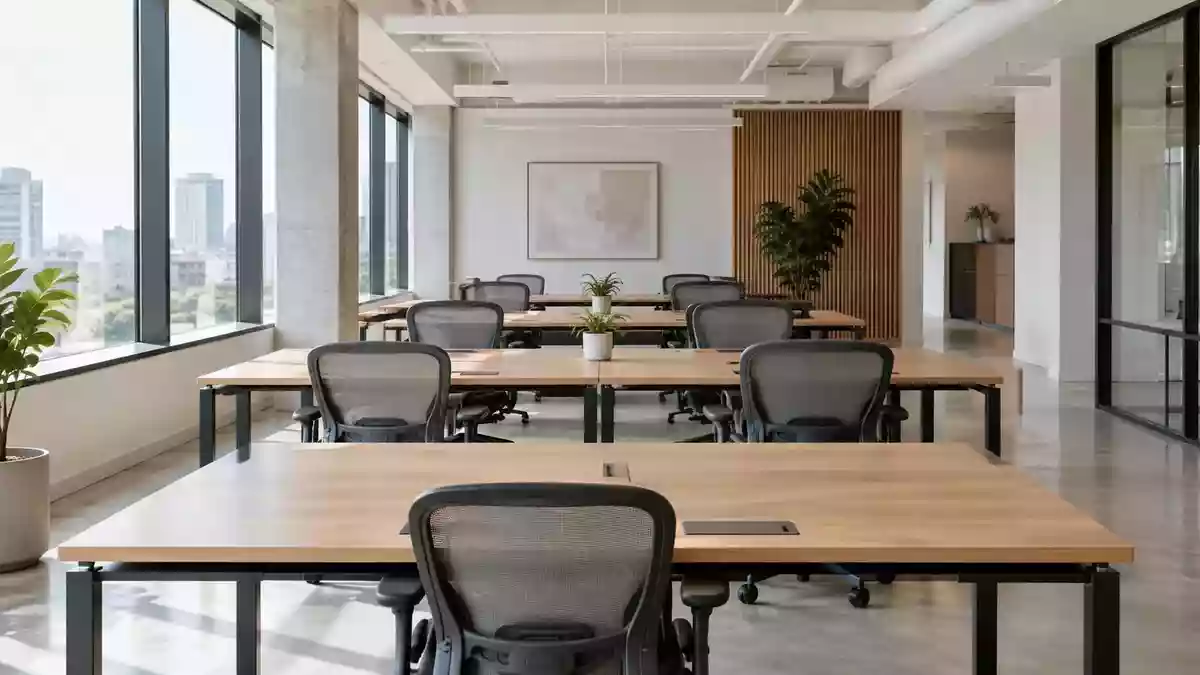 Ein moderner, leerer Großraumbüro-Arbeitsplatz mit minimalistischer Einrichtung und natürlichem Tageslicht. Illustration mit AI erstellt.