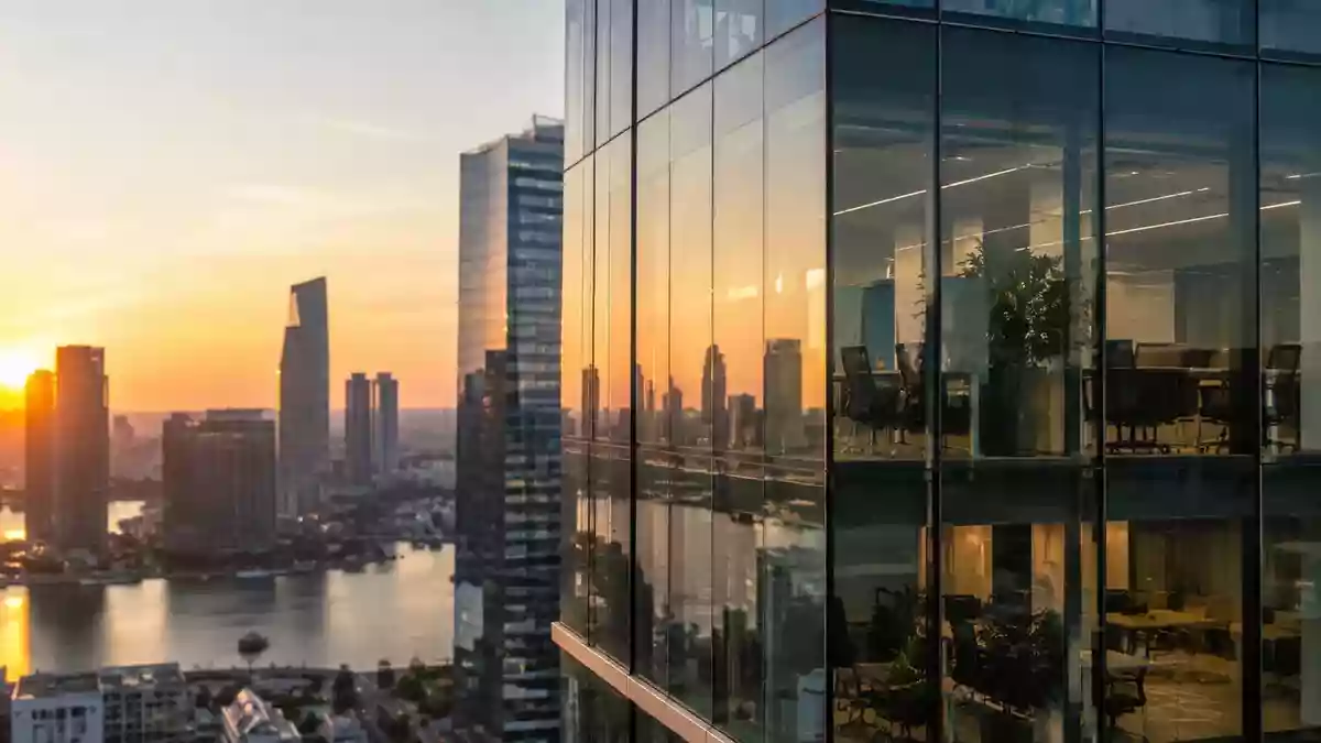 Moderne Glasfassade eines Bürogebäudes in einem Finanzviertel bei Sonnenuntergang. Illustration mit AI erstellt.