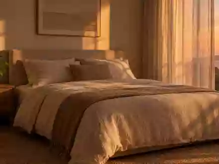 Ein ruhiges, minimalistisch eingerichtetes Schlafzimmer in der Dämmerung mit einer Zimmerpflanze auf einem Nachttisch. - Foto: über boerse-global.de