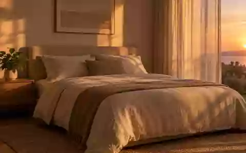 Ein ruhiges, minimalistisch eingerichtetes Schlafzimmer in der Dämmerung mit einer Zimmerpflanze auf einem Nachttisch. - Foto: über boerse-global.de