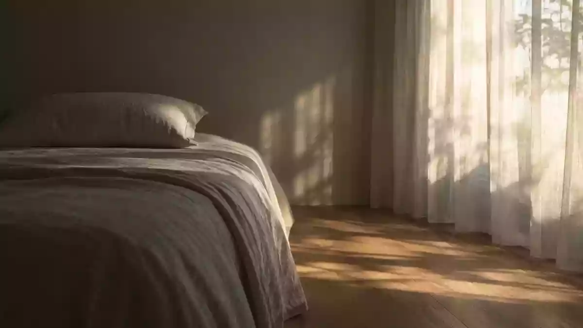 Ein ruhig und minimalistisch eingerichtetes Schlafzimmer in den frühen Morgenstunden mit sanftem, einfallendem Tageslicht. Illustration mit AI erstellt.