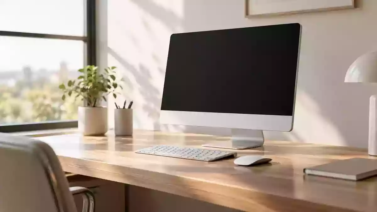 Ein moderner All-in-One-Computer auf einem minimalistischen Schreibtisch in hellem, natürlichem Tageslicht. Illustration mit AI erstellt.
