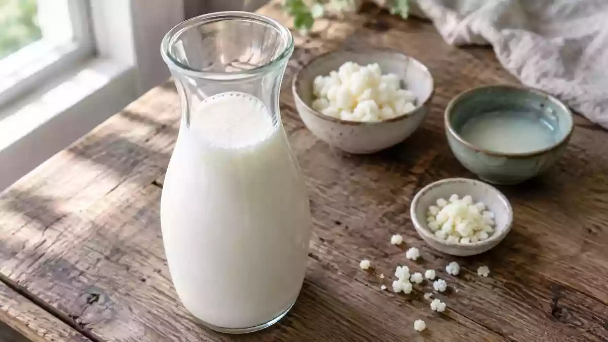 Eine gläserne Karaffe mit Kefir auf einem Holztisch, umgeben von natürlichen Zutaten in einer hellen, minimalistischen Küche. Illustration mit AI erstellt.